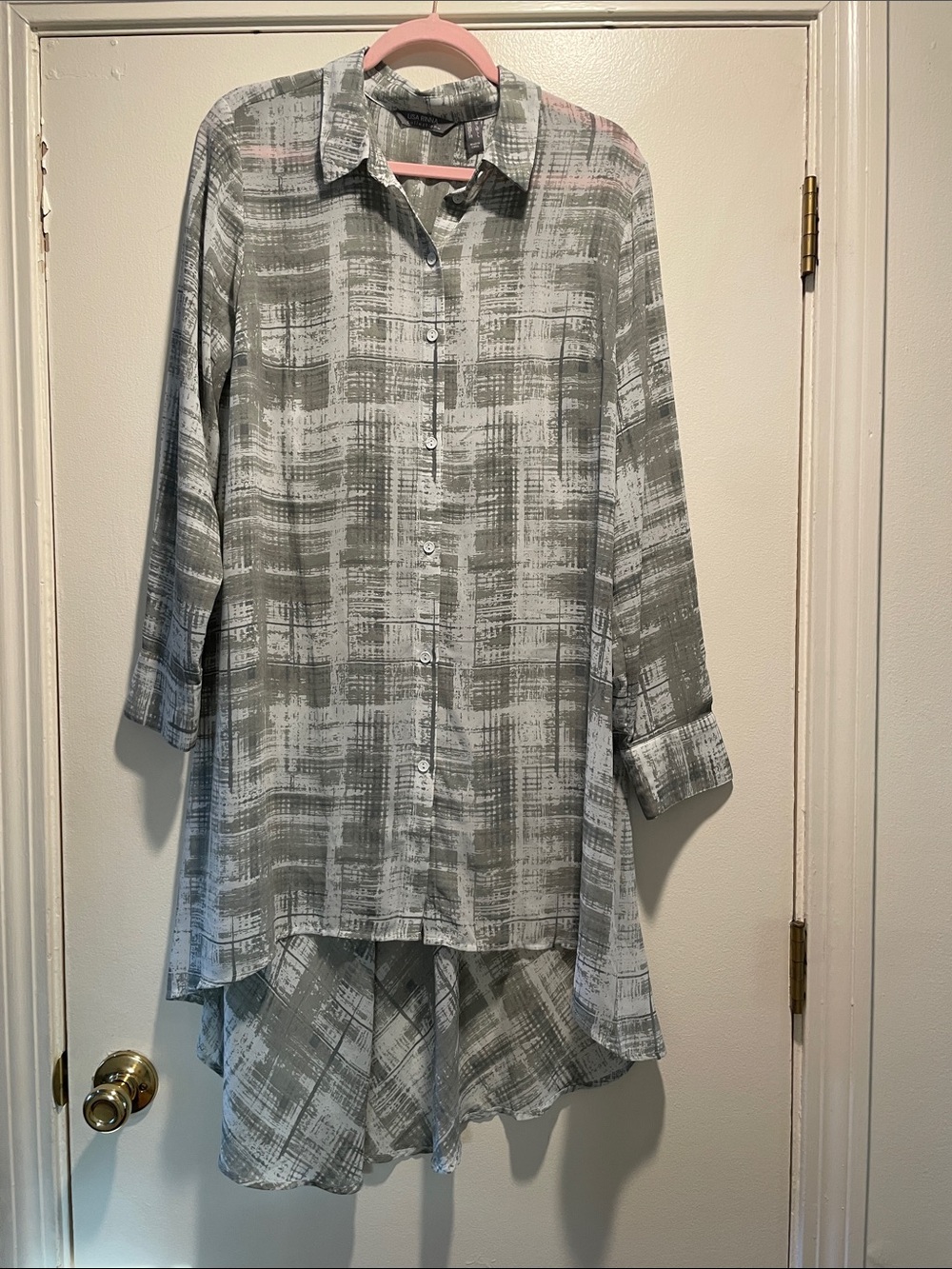 Lisa Rinna Collection Gray & Light Gray High Low Button Up Semi Sheer Tunic